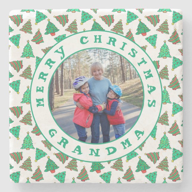 Frohe Weihnachts-Oma-Foto | Grüne Bäume Weiß Steinuntersetzer (Vorderseite)
