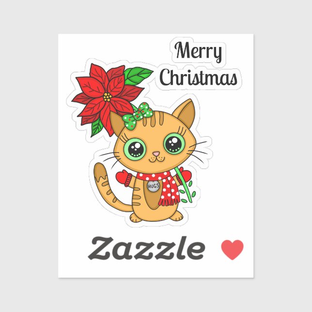 Frohe Weihnachts-Orange-Katze mit Poinsettia Aufkleber (Blatt)