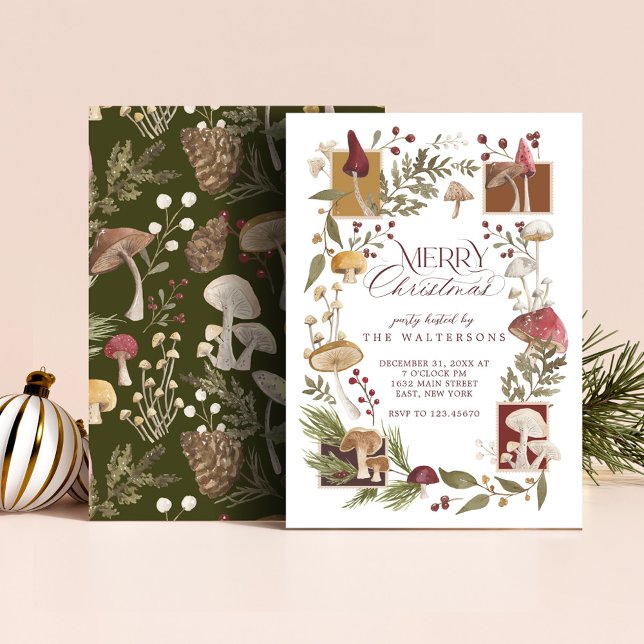 Frohe Weihnachts-Party Woodsy Woodland Pilz Einladung (Merry Christmas Party Woodsy Woodland Mushroom Invitation)