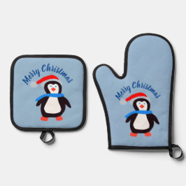 Frohe Weihnachts-Penguin Ofenhandschuh & Topflappen-Set