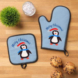 Frohe Weihnachts-Penguin Ofenhandschuh & Topflappen-Set