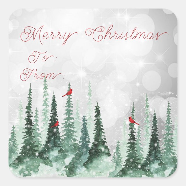 Frohe Weihnachts Pine Tree Forest Kardinal Vögel Quadratischer Aufkleber (Vorderseite)