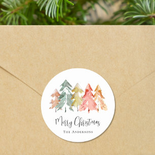 Frohe Weihnachts Pine Tree Wasserfarbe Runder Aufkleber