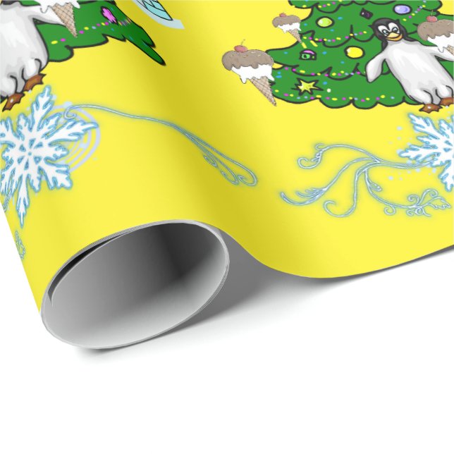 Frohe Weihnachts Pinguin Gelbe Umschlagpapier Geschenkpapier (Rolleneckpunkt)