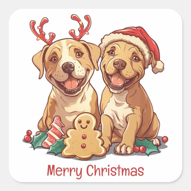Frohe Weihnachts Pit Bull Hunde Quadratischer Aufkleber (Vorderseite)