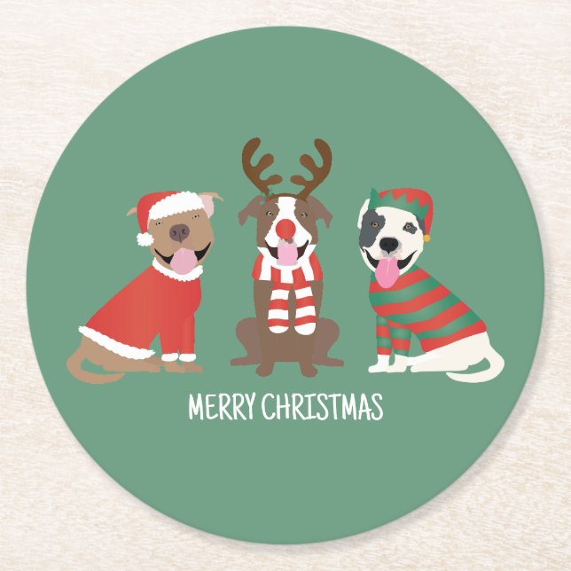 Frohe Weihnachts Pit Bull Hunde Runder Pappuntersetzer (Vorderseite)