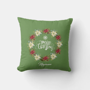 Frohe Weihnachts-Poinsettia-Wreath-Monogramm Kissen
