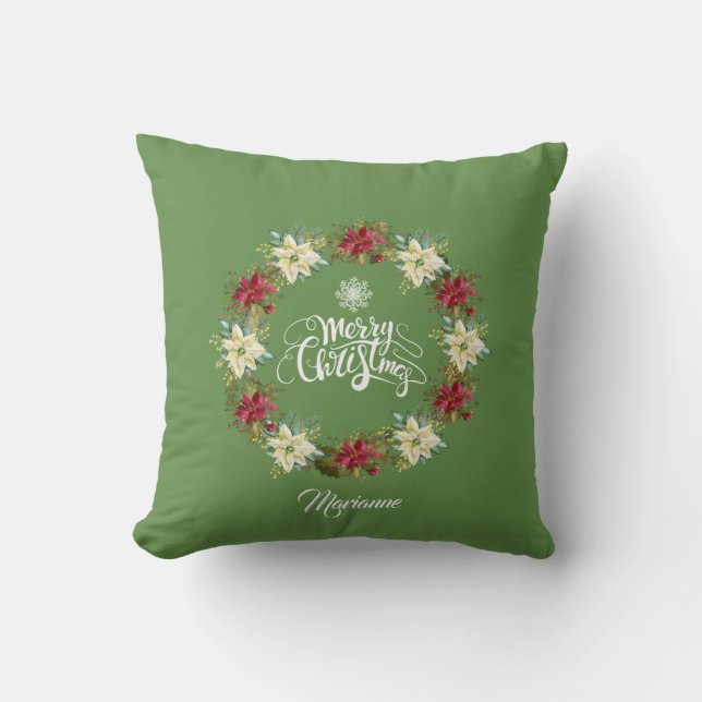 Frohe Weihnachts-Poinsettia-Wreath-Monogramm Kissen (Vorderseite)
