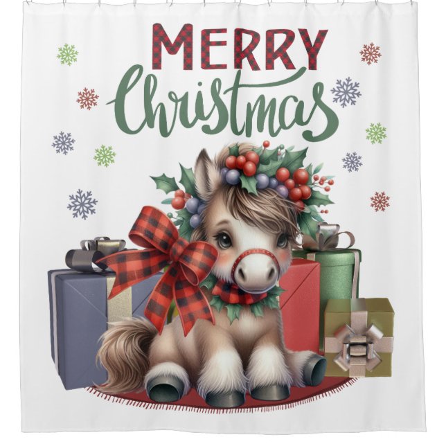 Frohe Weihnachts Pony Duschvorhang (Vorderseite)