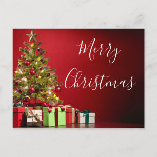 Frohe Weihnachts-Postkarte mit Bäumen und Geschenk Postkarte