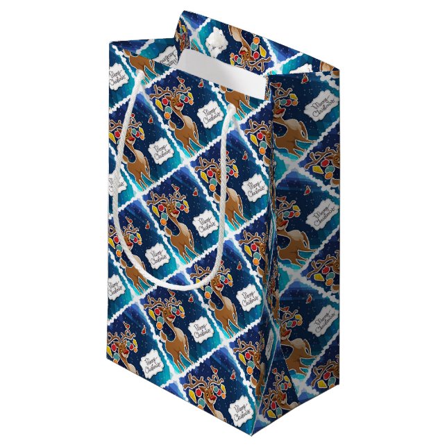 Frohe Weihnachts-Prancing-Rentier Kleine Geschenktüte (Vorderseite Schrägansicht)