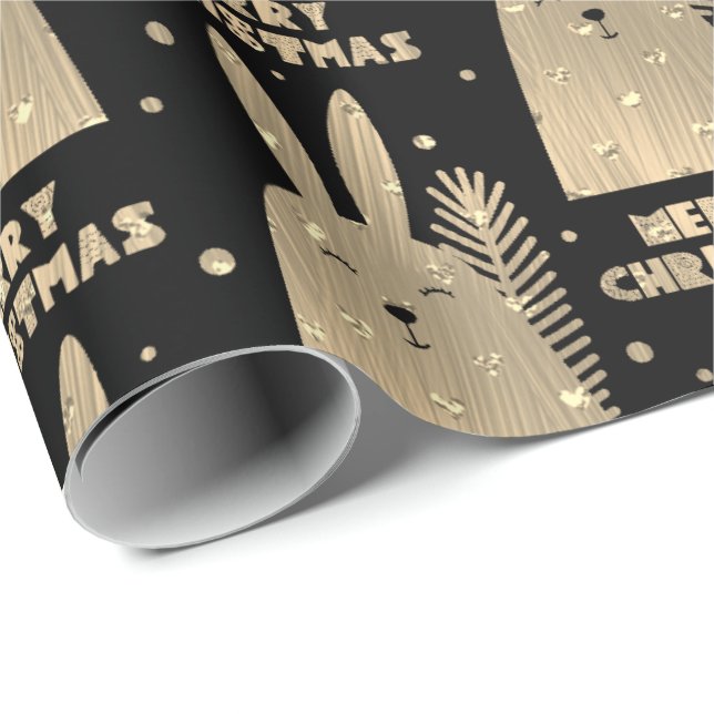 Frohe Weihnachts Rabbit Sepia Gold Metallic Black Geschenkpapier (Rolleneckpunkt)