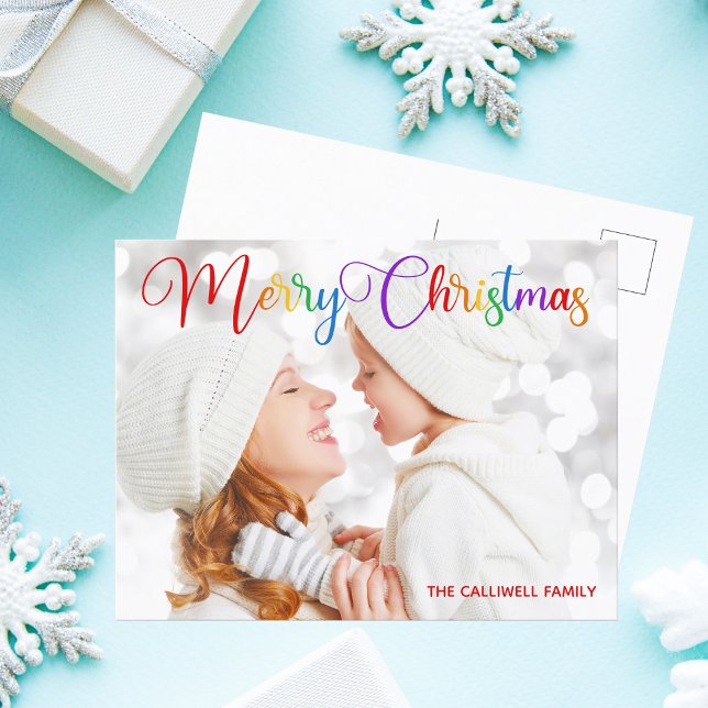 Frohe Weihnachts Rainbow Script Family Foto Hübsch Postkarte (Von Creator hochgeladen)