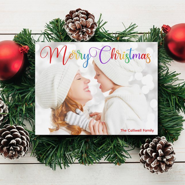 Frohe Weihnachts-Rainbow-Script Family Foto Magnet (Von Creator hochgeladen)
