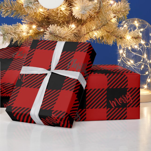 Frohe Weihnachts Red Black Buffalo Kariert Geschenkpapier (Feiertage)