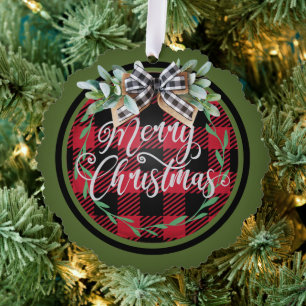 Frohe Weihnachts Red Black Buffalo Karierter Kranz Ornament Karte