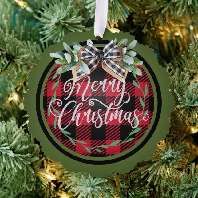 Frohe Weihnachts Red Black Buffalo Karierter Kranz Ornament Karte (Insitu (Baum))