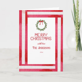 Frohe Weihnachts Red Bow Wreath Personalisiert Feiertagskarte