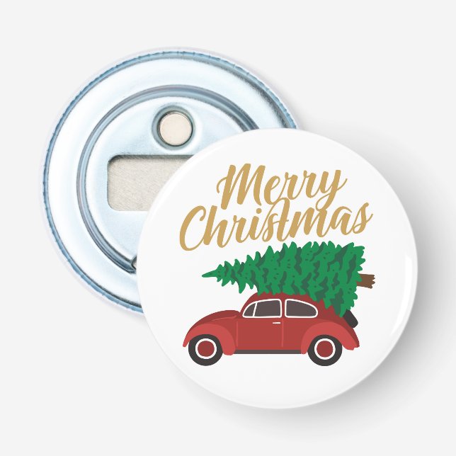 Frohe Weihnachts-Red Car mit Baum | Urlaub Flaschenöffner (Vorderseite)