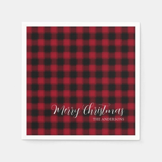 Frohe Weihnachts Red Checkered Karierte Muster Serviette (Vorderseite)