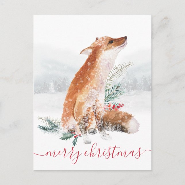 Frohe Weihnachts Red Fox Winter Woodland Urlaub Postkarte (Vorderseite)
