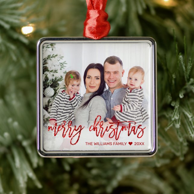 Frohe Weihnachts Red Glitzer Script Custom Foto Ornament Aus Metall (Baum)