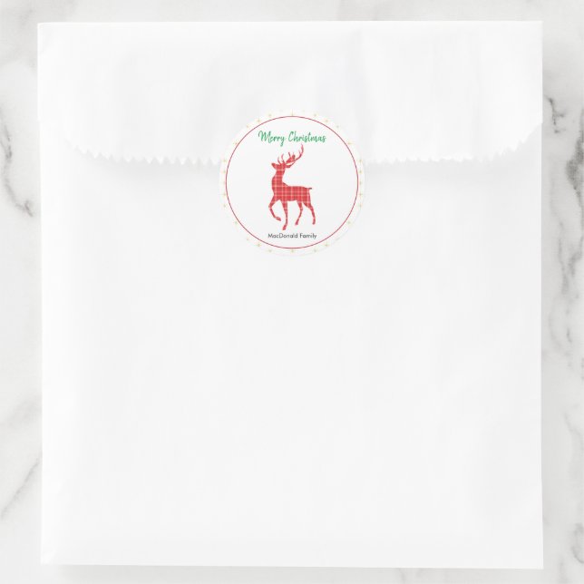 Frohe Weihnachts Red Kariert Rentier Gold Star Runder Aufkleber (Tasche)