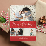 Frohe Weihnachts Red Script 3 Collage Multi-Foto Feiertagskarte<br><div class="desc">Modernes Pinselskript in Rot mit 3 Fotos. Kommt auch mit einem Foto auf der Rückseite.</div>