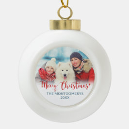 Frohe Weihnachts Red Script Familie Foto Dog Keramik Kugel-Ornament