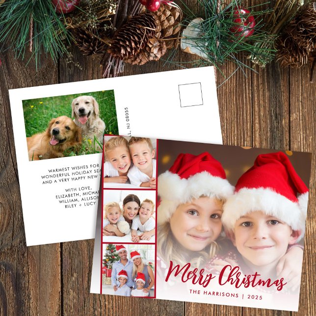 Frohe Weihnachts-Red-Script-Foto Feiertagspostkarte (Share the love and warmth of the holiday season with this personalized photo Christmas postcard)
