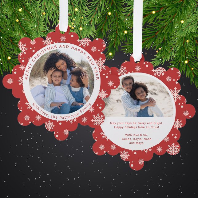 Frohe Weihnachts Red Snowflake Family Foto Ornament Karte (Von Creator hochgeladen)