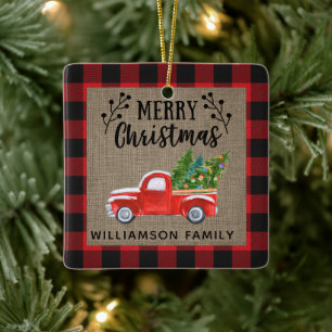 Frohe Weihnachts Red Truck Buffalo Karo Family Keramikornament