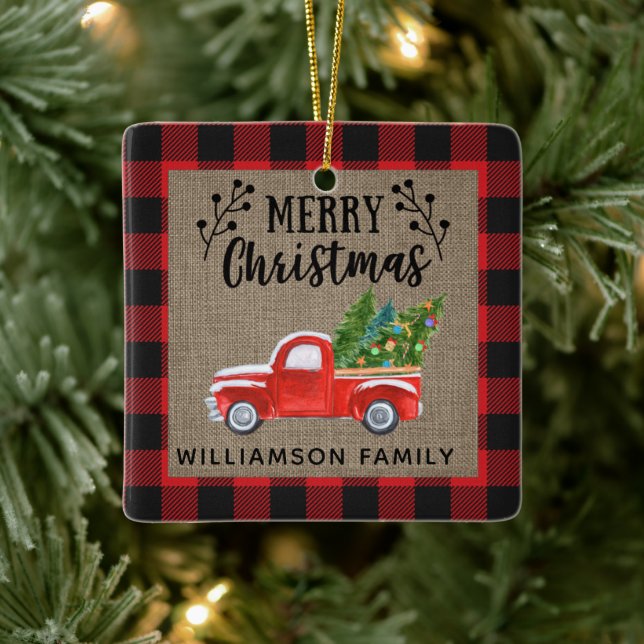 Frohe Weihnachts Red Truck Buffalo Karo Family Keramikornament (Baum)