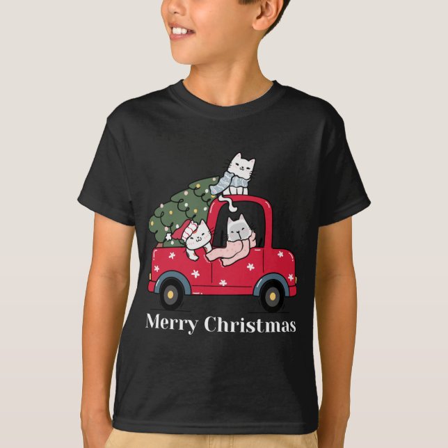 Frohe Weihnachts Red Truck Cat Lover Pajama T-Shirt (Vorderseite)