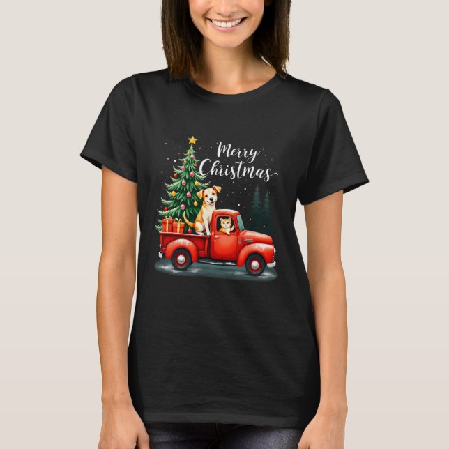 Frohe Weihnachts Red Truck mit Hund & Amp; Katzen  T-Shirt (Vorderseite)