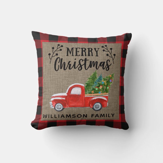 Frohe Weihnachts Red Truck Red Buffalo Karo Family Kissen (Vorderseite)