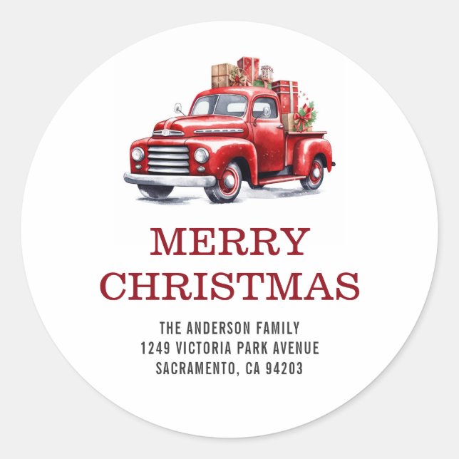 Frohe Weihnachts-Red-Truck-Rücksendeadresse Runder Aufkleber (Vorderseite)