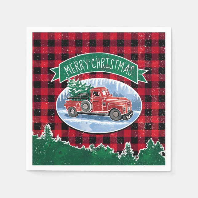 Frohe Weihnachts Red Vintag Truck Buffalo Kariert Serviette (Vorderseite)