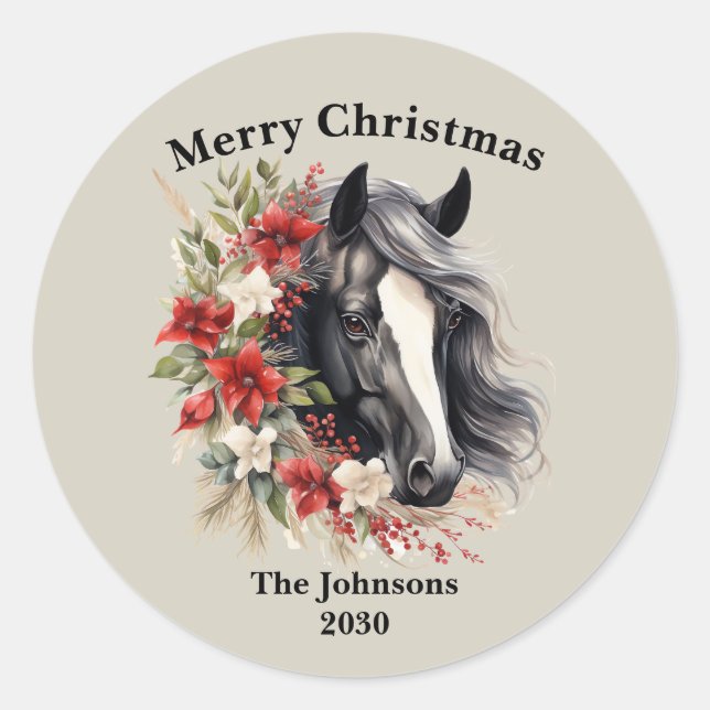 Frohe Weihnachts Regal Black Horse Wreath Runder Aufkleber (Vorderseite)