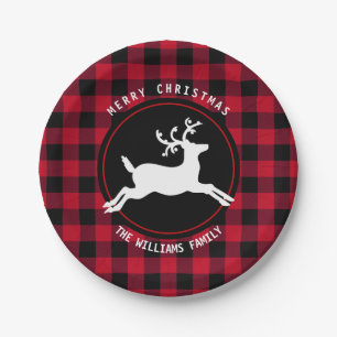 Frohe Weihnachts Reindeer Red Black Buffalo Karo Pappteller