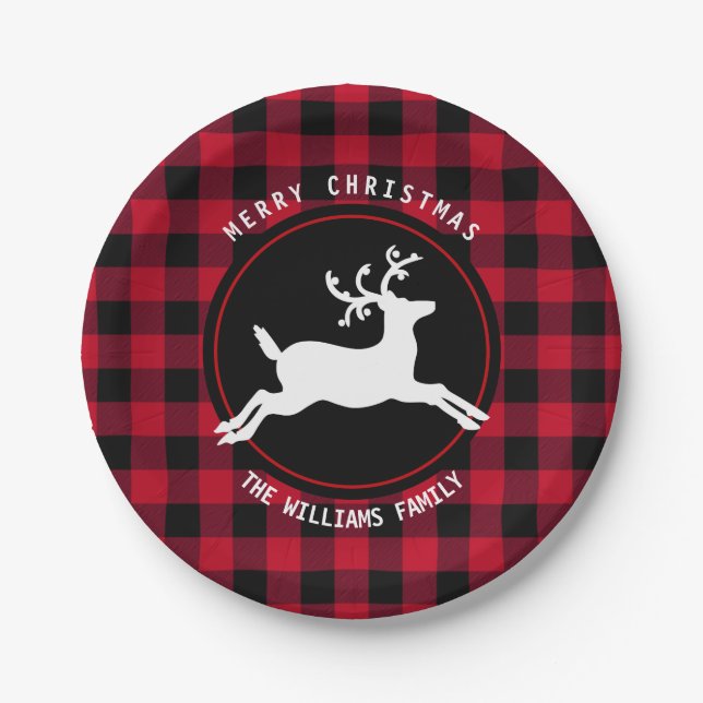 Frohe Weihnachts Reindeer Red Black Buffalo Karo Pappteller (Vorderseite)
