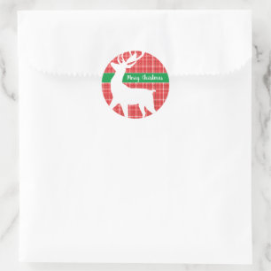 Frohe Weihnachts Reindeer Red Kariert Twill Patter Runder Aufkleber