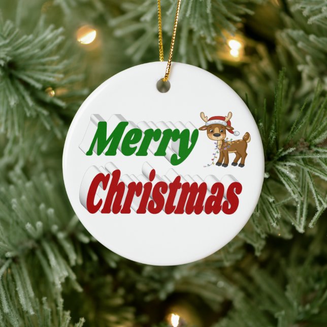 Frohe Weihnachts-Reindeer-Typografie Keramik Ornament (Baum)
