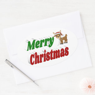 Frohe Weihnachts-Reindeer-Typografie Ovaler Aufkleber