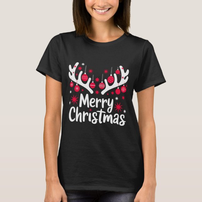 Frohe Weihnachts-Rentier-Antler mit Ornamenten - T-Shirt (Vorderseite)