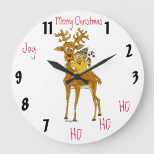 Frohe Weihnachts-Rentier-Cartoon-Uhr Große Wanduhr