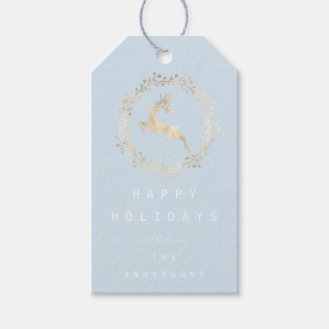 Frohe Weihnachts-Rentier Champaigne Gold Blue Geschenkanhänger (Vorderseite)