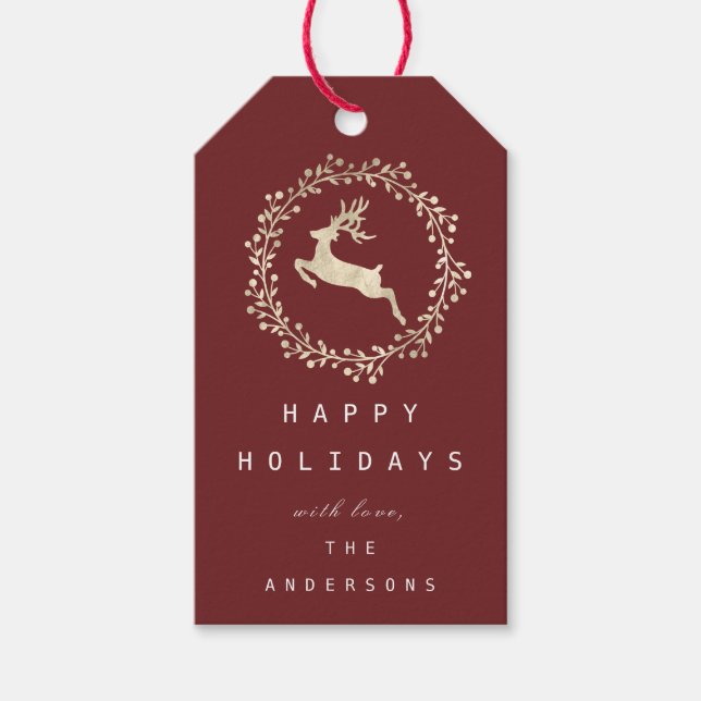 Frohe Weihnachts-Rentier Champaigne Gold Burgundy Geschenkanhänger (Vorderseite)