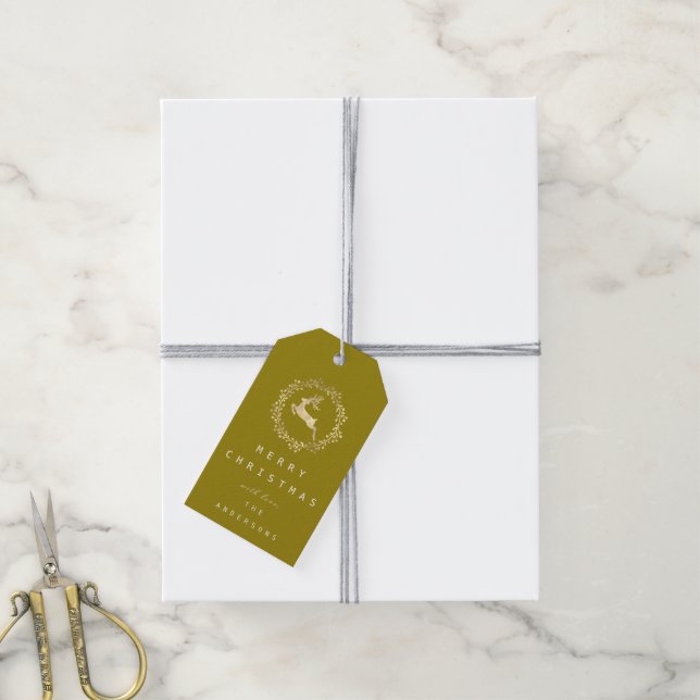 Frohe Weihnachts-Rentier Champaigne Gold Mustard Geschenkanhänger (Mit Garn)