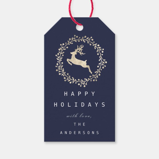 Frohe Weihnachts-Rentier Champaigne Gold Navy Geschenkanhänger (Vorderseite)